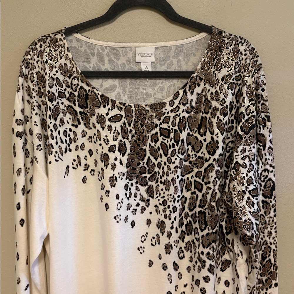 Chico's Cream Leopard-Print Scoop Neck Long Sleeve Top